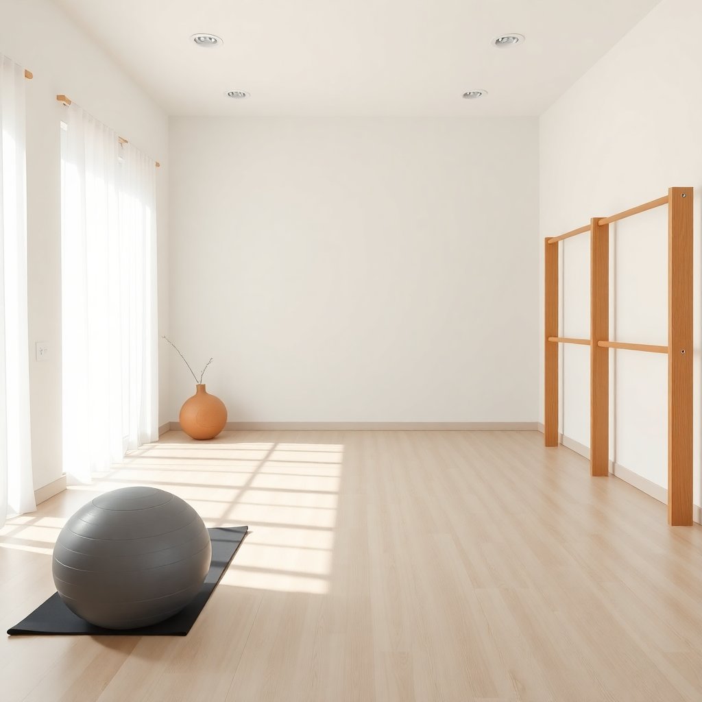 Modern bright physiotherapy exercise room with pilates ball, yoga mat, and wooden wall bars, clean minimalist interior, soft shadows, 8k, realistic photo, 4:5 aspect ratio